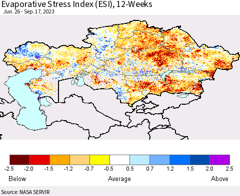 Kazakhstan Evaporative Stress Index (ESI), 12-Weeks Thematic Map For 9/11/2023 - 9/17/2023
