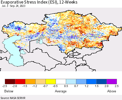 Kazakhstan Evaporative Stress Index (ESI), 12-Weeks Thematic Map For 9/18/2023 - 9/24/2023