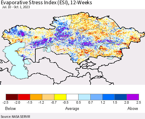 Kazakhstan Evaporative Stress Index (ESI), 12-Weeks Thematic Map For 9/25/2023 - 10/1/2023