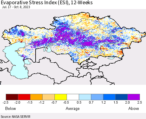 Kazakhstan Evaporative Stress Index (ESI), 12-Weeks Thematic Map For 10/2/2023 - 10/8/2023
