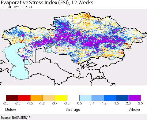 Kazakhstan Evaporative Stress Index (ESI), 12-Weeks Thematic Map For 10/9/2023 - 10/15/2023