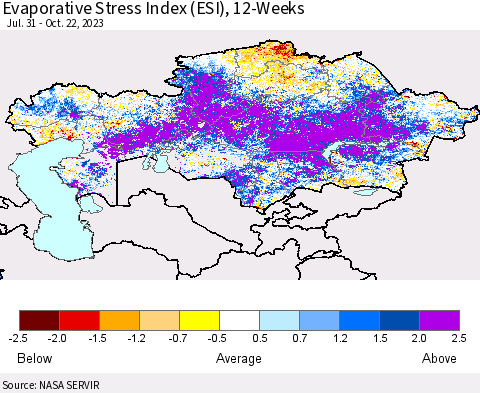 Kazakhstan Evaporative Stress Index (ESI), 12-Weeks Thematic Map For 10/16/2023 - 10/22/2023