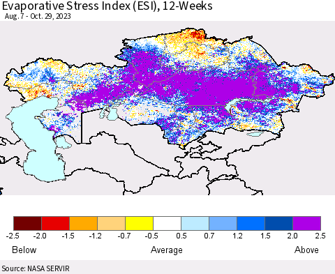 Kazakhstan Evaporative Stress Index (ESI), 12-Weeks Thematic Map For 10/23/2023 - 10/29/2023