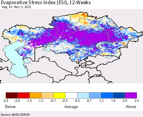 Kazakhstan Evaporative Stress Index (ESI), 12-Weeks Thematic Map For 10/30/2023 - 11/5/2023