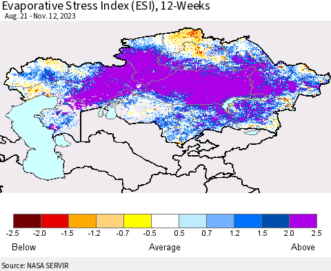 Kazakhstan Evaporative Stress Index (ESI), 12-Weeks Thematic Map For 11/6/2023 - 11/12/2023