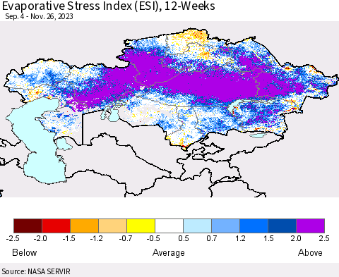 Kazakhstan Evaporative Stress Index (ESI), 12-Weeks Thematic Map For 11/20/2023 - 11/26/2023