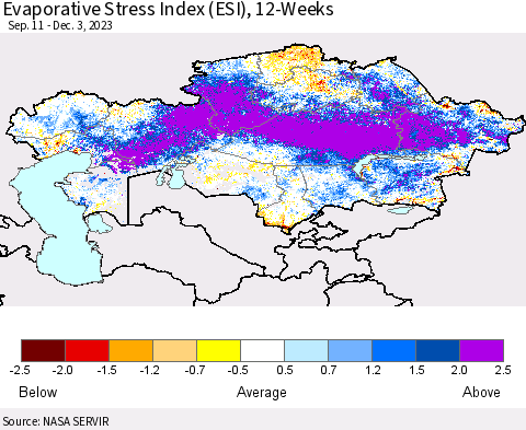 Kazakhstan Evaporative Stress Index (ESI), 12-Weeks Thematic Map For 11/27/2023 - 12/3/2023