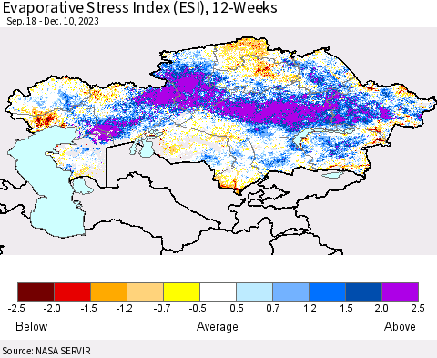 Kazakhstan Evaporative Stress Index (ESI), 12-Weeks Thematic Map For 12/4/2023 - 12/10/2023