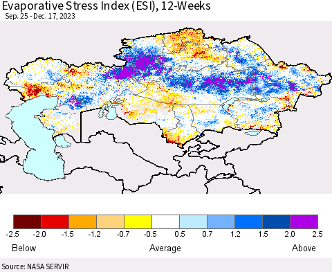 Kazakhstan Evaporative Stress Index (ESI), 12-Weeks Thematic Map For 12/11/2023 - 12/17/2023