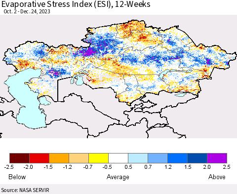Kazakhstan Evaporative Stress Index (ESI), 12-Weeks Thematic Map For 12/18/2023 - 12/24/2023