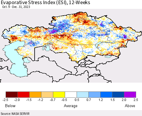 Kazakhstan Evaporative Stress Index (ESI), 12-Weeks Thematic Map For 12/25/2023 - 12/31/2023