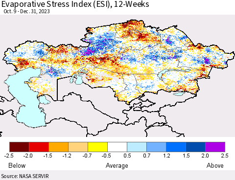 Kazakhstan Evaporative Stress Index (ESI), 12-Weeks Thematic Map For 1/1/2024 - 1/7/2024