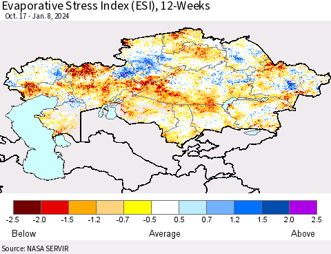 Kazakhstan Evaporative Stress Index (ESI), 12-Weeks Thematic Map For 1/8/2024 - 1/14/2024