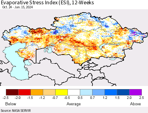 Kazakhstan Evaporative Stress Index (ESI), 12-Weeks Thematic Map For 1/15/2024 - 1/21/2024
