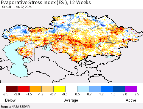 Kazakhstan Evaporative Stress Index (ESI), 12-Weeks Thematic Map For 1/22/2024 - 1/28/2024
