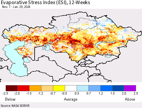 Kazakhstan Evaporative Stress Index (ESI), 12-Weeks Thematic Map For 1/29/2024 - 2/4/2024