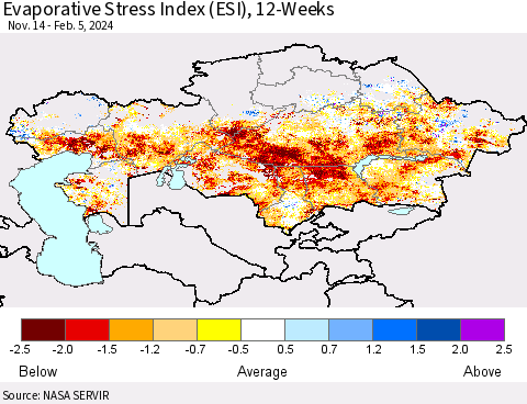 Kazakhstan Evaporative Stress Index (ESI), 12-Weeks Thematic Map For 2/5/2024 - 2/11/2024