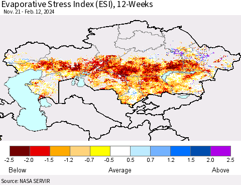 Kazakhstan Evaporative Stress Index (ESI), 12-Weeks Thematic Map For 2/12/2024 - 2/18/2024