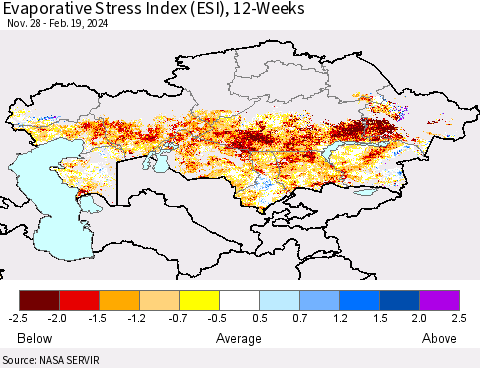 Kazakhstan Evaporative Stress Index (ESI), 12-Weeks Thematic Map For 2/19/2024 - 2/25/2024