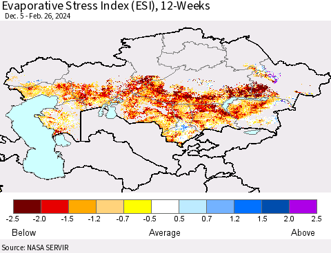 Kazakhstan Evaporative Stress Index (ESI), 12-Weeks Thematic Map For 2/26/2024 - 3/3/2024