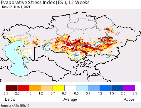 Kazakhstan Evaporative Stress Index (ESI), 12-Weeks Thematic Map For 3/4/2024 - 3/10/2024