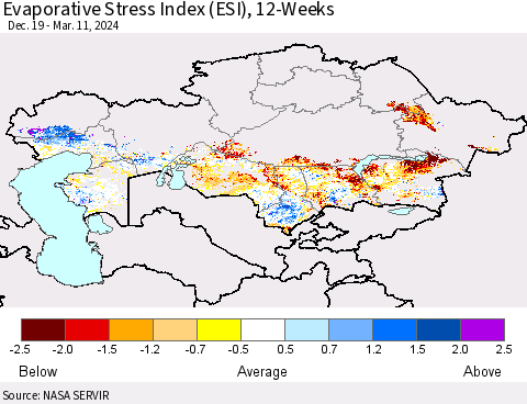 Kazakhstan Evaporative Stress Index (ESI), 12-Weeks Thematic Map For 3/11/2024 - 3/17/2024