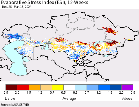 Kazakhstan Evaporative Stress Index (ESI), 12-Weeks Thematic Map For 3/18/2024 - 3/24/2024