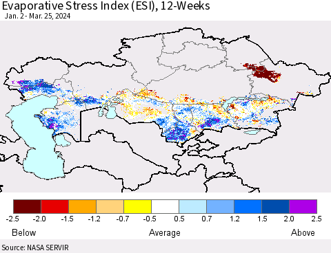 Kazakhstan Evaporative Stress Index (ESI), 12-Weeks Thematic Map For 3/25/2024 - 3/31/2024