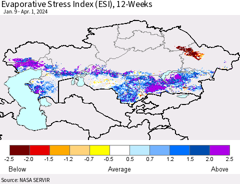 Kazakhstan Evaporative Stress Index (ESI), 12-Weeks Thematic Map For 4/1/2024 - 4/7/2024