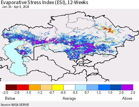 Kazakhstan Evaporative Stress Index (ESI), 12-Weeks Thematic Map For 4/8/2024 - 4/14/2024