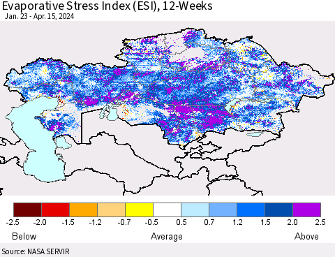 Kazakhstan Evaporative Stress Index (ESI), 12-Weeks Thematic Map For 4/15/2024 - 4/21/2024