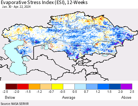 Kazakhstan Evaporative Stress Index (ESI), 12-Weeks Thematic Map For 4/22/2024 - 4/28/2024