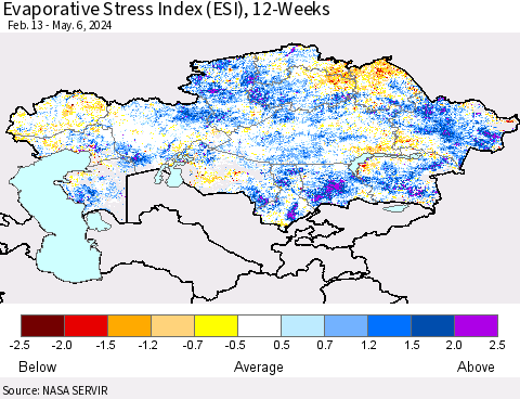 Kazakhstan Evaporative Stress Index (ESI), 12-Weeks Thematic Map For 5/6/2024 - 5/12/2024