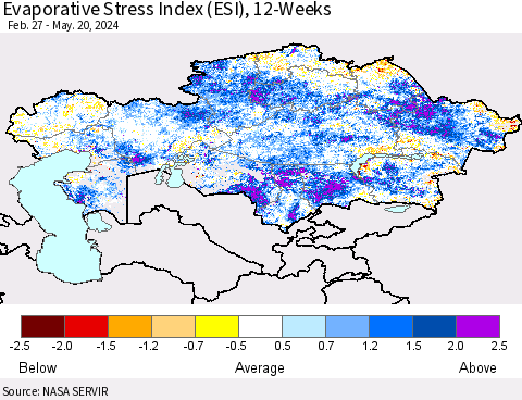 Kazakhstan Evaporative Stress Index (ESI), 12-Weeks Thematic Map For 5/20/2024 - 5/26/2024