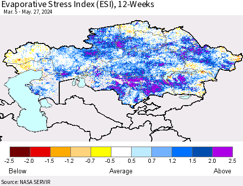 Kazakhstan Evaporative Stress Index (ESI), 12-Weeks Thematic Map For 5/27/2024 - 6/2/2024