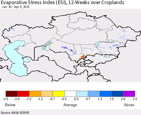 Kazakhstan Evaporative Stress Index (ESI), 12-Weeks over Croplands Thematic Map For 4/5/2021 - 4/11/2021