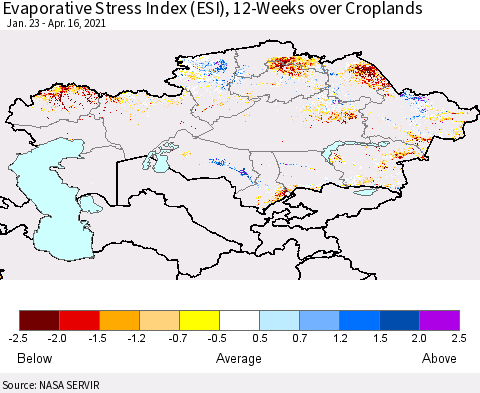 Kazakhstan Evaporative Stress Index (ESI), 12-Weeks over Croplands Thematic Map For 4/12/2021 - 4/18/2021