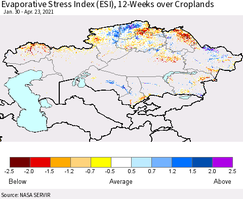 Kazakhstan Evaporative Stress Index (ESI), 12-Weeks over Croplands Thematic Map For 4/19/2021 - 4/25/2021