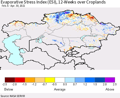 Kazakhstan Evaporative Stress Index (ESI), 12-Weeks over Croplands Thematic Map For 4/26/2021 - 5/2/2021