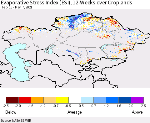 Kazakhstan Evaporative Stress Index (ESI), 12-Weeks over Croplands Thematic Map For 5/3/2021 - 5/9/2021