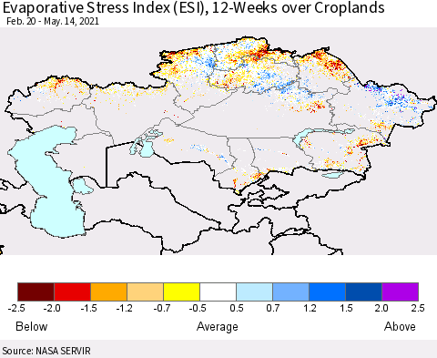 Kazakhstan Evaporative Stress Index (ESI), 12-Weeks over Croplands Thematic Map For 5/10/2021 - 5/16/2021