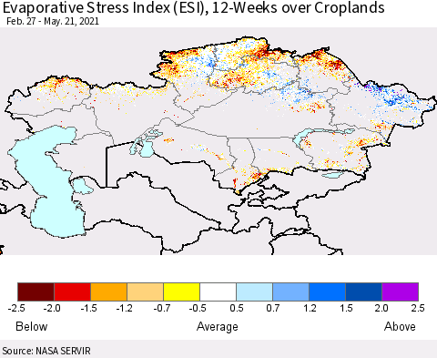 Kazakhstan Evaporative Stress Index (ESI), 12-Weeks over Croplands Thematic Map For 5/17/2021 - 5/23/2021