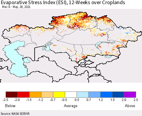 Kazakhstan Evaporative Stress Index (ESI), 12-Weeks over Croplands Thematic Map For 5/24/2021 - 5/30/2021
