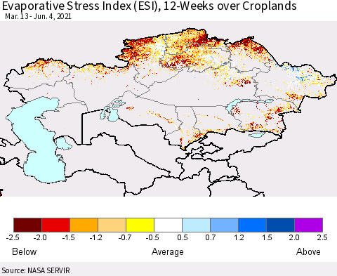 Kazakhstan Evaporative Stress Index (ESI), 12-Weeks over Croplands Thematic Map For 5/31/2021 - 6/6/2021