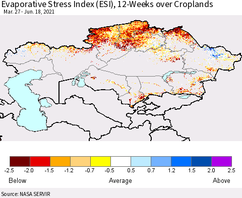 Kazakhstan Evaporative Stress Index (ESI), 12-Weeks over Croplands Thematic Map For 6/14/2021 - 6/20/2021
