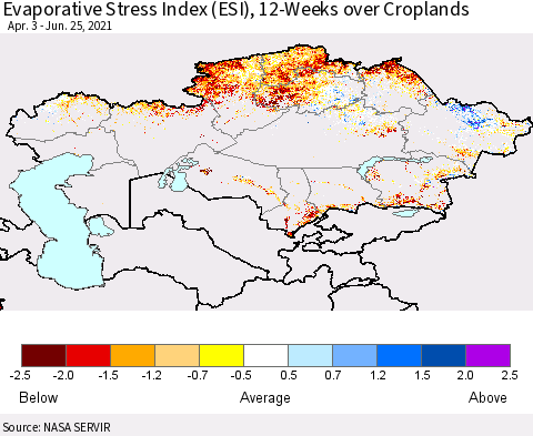 Kazakhstan Evaporative Stress Index (ESI), 12-Weeks over Croplands Thematic Map For 6/21/2021 - 6/27/2021