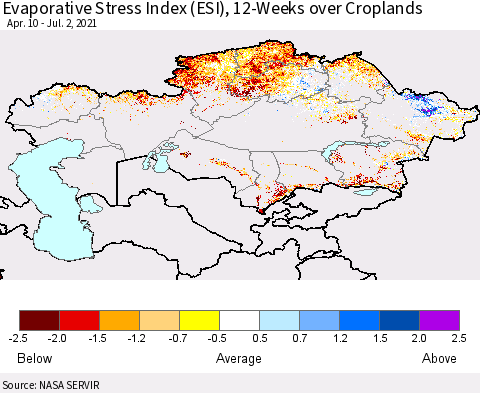 Kazakhstan Evaporative Stress Index (ESI), 12-Weeks over Croplands Thematic Map For 6/28/2021 - 7/4/2021