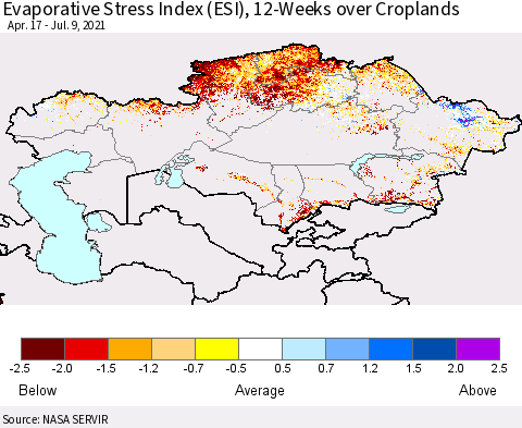 Kazakhstan Evaporative Stress Index (ESI), 12-Weeks over Croplands Thematic Map For 7/5/2021 - 7/11/2021