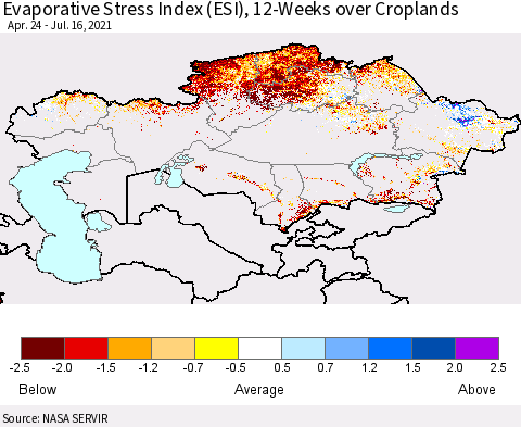 Kazakhstan Evaporative Stress Index (ESI), 12-Weeks over Croplands Thematic Map For 7/12/2021 - 7/18/2021