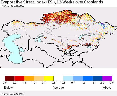Kazakhstan Evaporative Stress Index (ESI), 12-Weeks over Croplands Thematic Map For 7/19/2021 - 7/25/2021